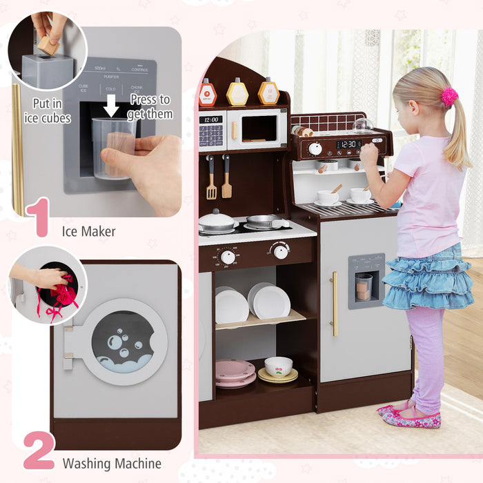 Honeyjoy Jeu De Cuisine Pour Enfants Jeu De Cuisine En Bois Avec Horloge, Micro-ondes, Evier, Plateau Brun