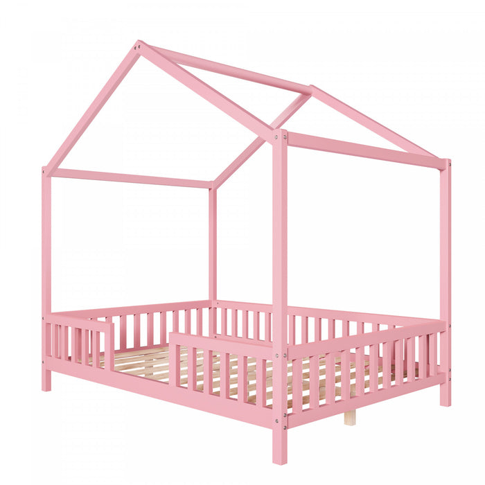 Paul Lit Montessori au sol avec baldaquin et barrieres hautes, Taille Double, Rose