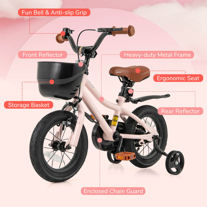 Costway 12\" Velo Pour Enfants Avec Roues D'entrainement Guidon Reglable Et Frein A Main De Siege Rose