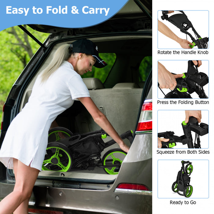 Chariot De Golf Pliable A 3 Roues, 4 Positions De Hauteur Reglables, Chariot De Golf Leger, Chariot De Golf En Aluminium Avec Porte-ombrelle Reglable, Sac Etanche, Glaciere Integree, Frein A Pied, Ouverture Et Fermeture Rapides.