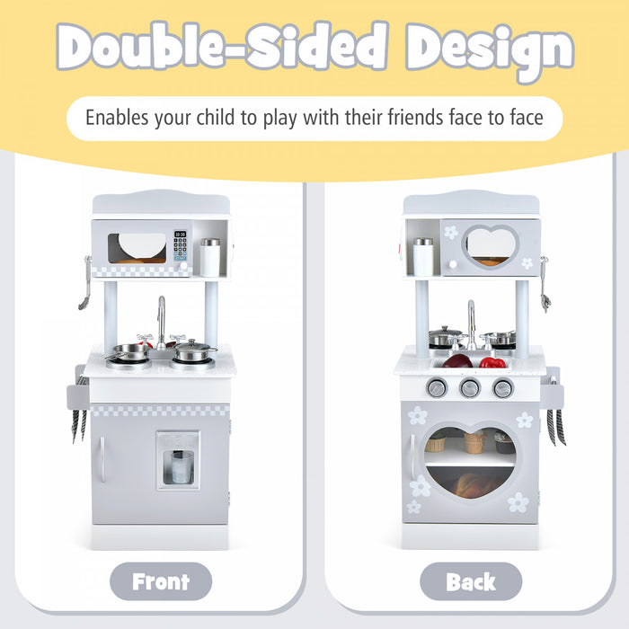 Jeu De Cuisine Pour Enfants Double-face, Ensemble De Jeu De Role 2-en-1 Avec Accessoires, Cuisiniere Et Evier, Distributeur De Glace, Jeu De Cuisine En Bois Pour Role-play, Pour Garcons Et Filles De 3 Ans Et Plus, Blanc