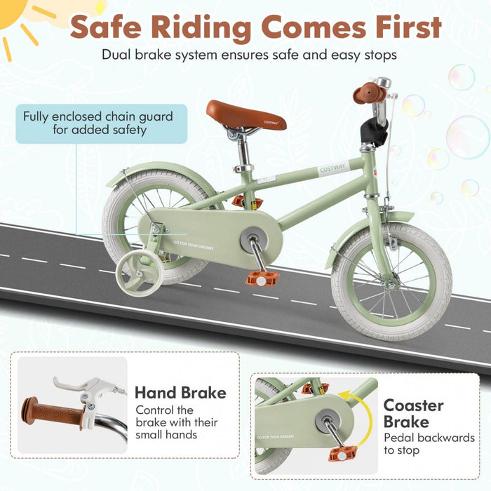 Costway 12\" Velo Pour Enfants Avec Guidon De Selle Reglable Roues D'entrainement Amovibles Frein A Main Vert