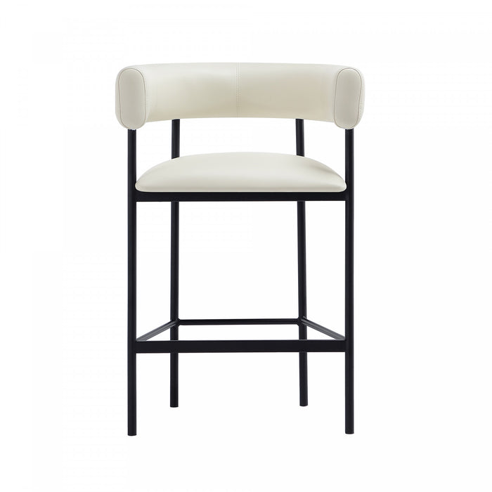 Tabouret de comptoir contemporain Onda en cuir vegetalien et metal, coloris ivoire