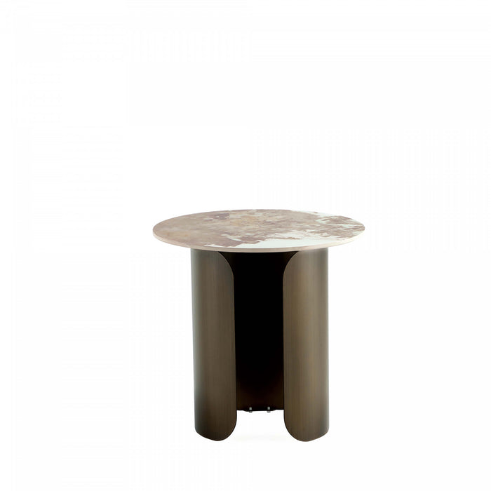 Table d’appoint moderne Monica en bronze avec plateau en pierre frittee