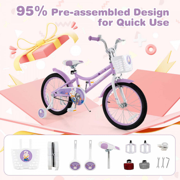 Costway 18\" Velo Fille Avec Panier Roues D'entrainement Amovibles Frein A Main De Siege Reglable Frein De Montagne Violet