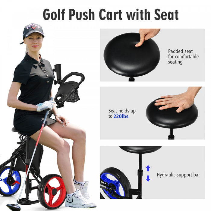 Goplus Pliant 3 Roues Golf Push Cart W/seat Tableau De Bord Poignee Reglable Bleu