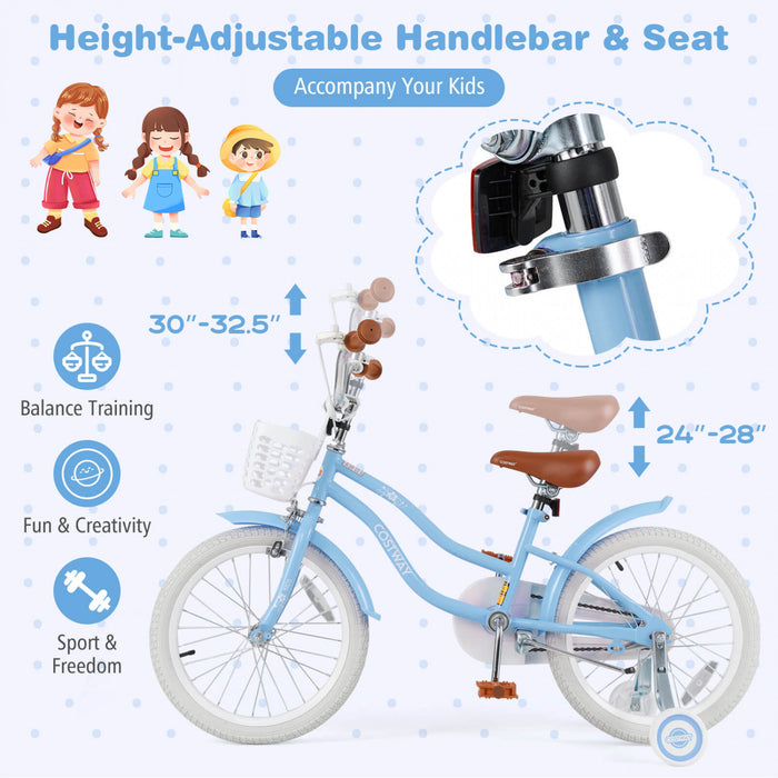Costway 18\" Enfants Velo Tout-petit Velo Avec Roue D'entrainement Pour 4-8 Ans Bleu