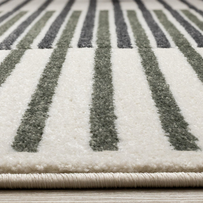 Tapis Maverick vert, noir et blanc a rayures modernes, 5'3\" x 7'7\"
