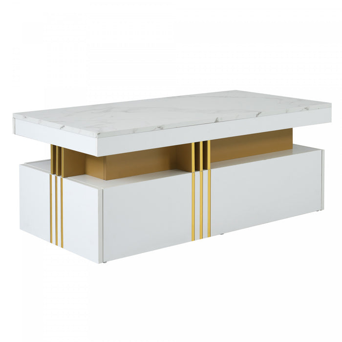 Noah table basse moderne – table avec plateau a motif marbre et tiroirs de rangement, blanc