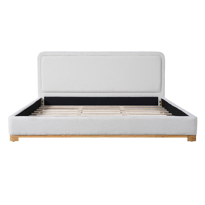 Lit plateforme Ethan a profil bas en boucle avec tete de lit courbee rembourree, taille king, blanc