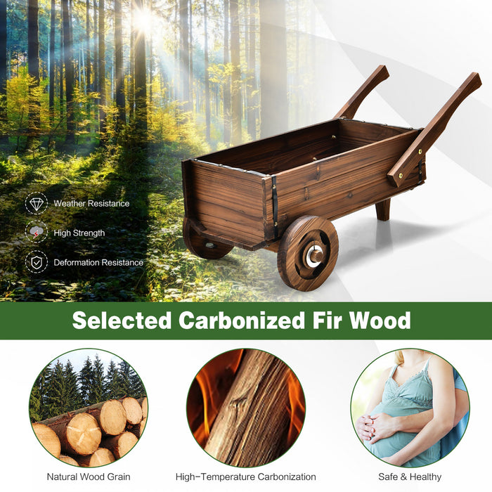 Jardiniere En Bois En Forme De Brouette, Chariot Decoratif Avec Roues, Poignees, Trou De Drainage, Support De Pot De Fleurs, Pot De Fleurs Rustique, Interieur Et Exterieur, Jardin, Terrasse, Balcon, Style Brouette