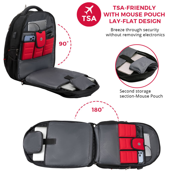 Sac a dos Swissdigital Neptune – Sac pour ordinateur portable de 16\", chargement USB, detecteur SDD, protection RFID, compatible TSA, systeme Add-A-Bag