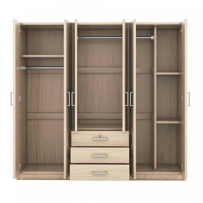 Armoire Peter En Bois De 70,9\" Avec 6 Portes, Tiroirs Et Espace De Rangement Suspendu, Marron