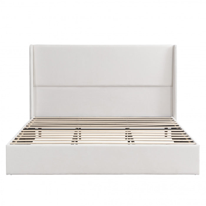 Liam Lit plateforme rembourre avec tete de lit a ailes, taille King, beige