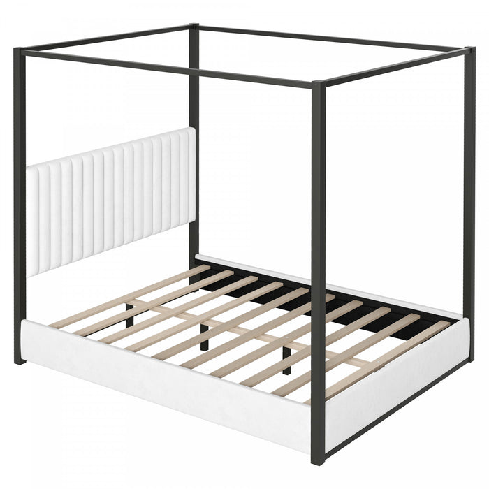 Lit plateforme Sophia a baldaquin avec tete de lit en mousse et velours, taille queen, noir