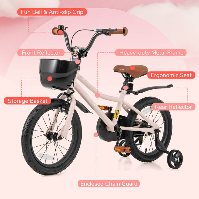 Costway 16\" Velo Pour Enfants Avec Roues D'entrainement Guidon Reglable Et Frein A Main De Siege Rose