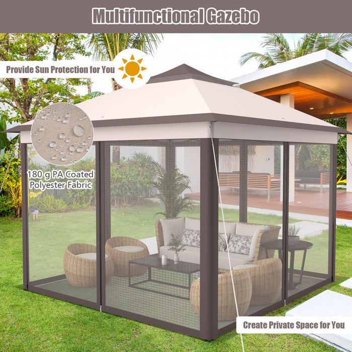 Costway 11’x11’ 2-tier Pop-up Tente Gazebo Abri A Canopy Portatif Sac De Transport Mesh Beige