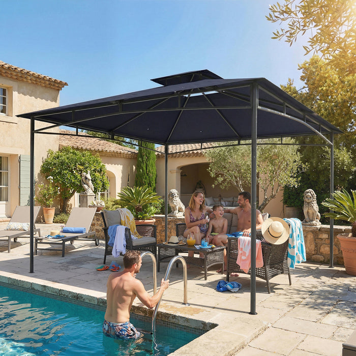 Outsunny Gazebo 3 m x 3 m, Tonnelle de Jardin a Toit Souple a 2 Niveaux, Bleu Marine