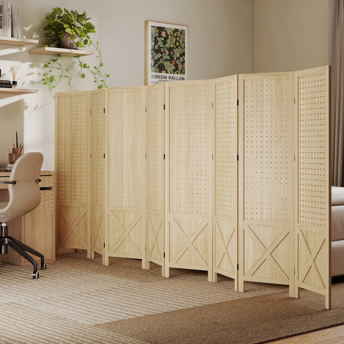 HOMCOM Paravent a 8 Panneaux avec Surface Perforee, Bois Naturel