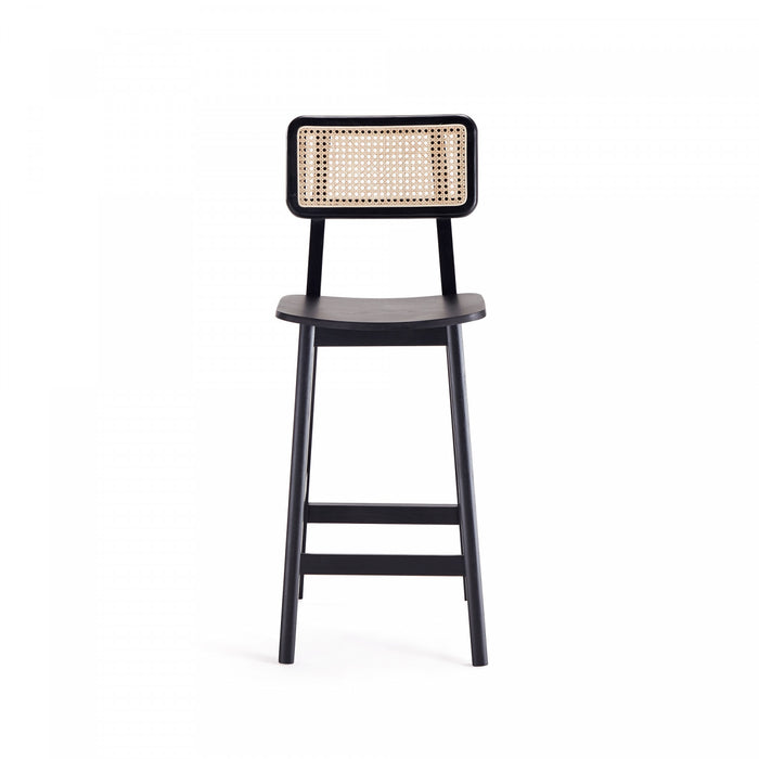 Tabouret de comptoir industriel chic Versailles avec dossier en cannage, bois noir et naturel - Lot de 2