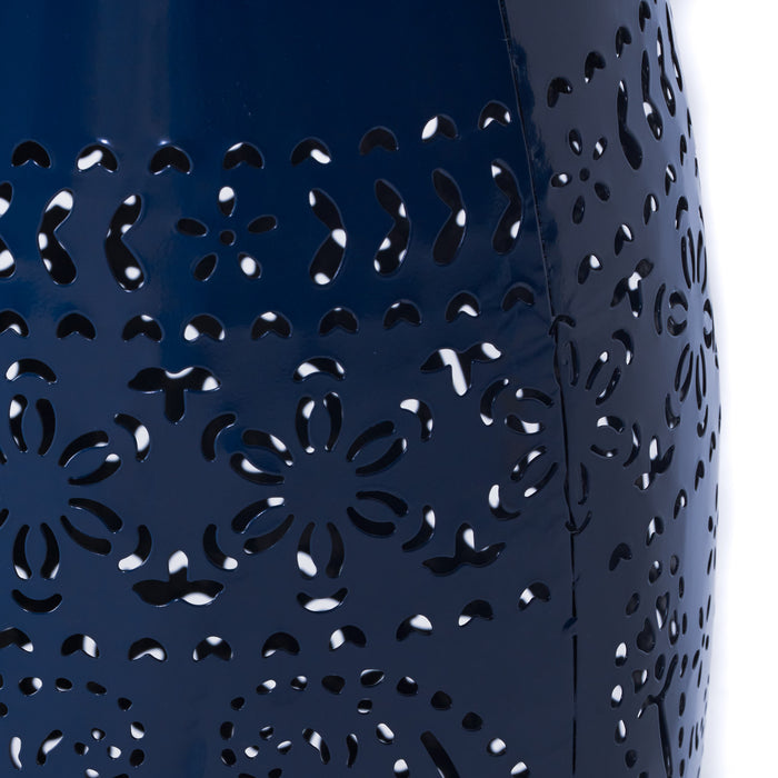 Table D’appoint Interieure Phoenix En Fer De Forme Tonneau 12\", Avec Motif Ajoure, Bleu Marine