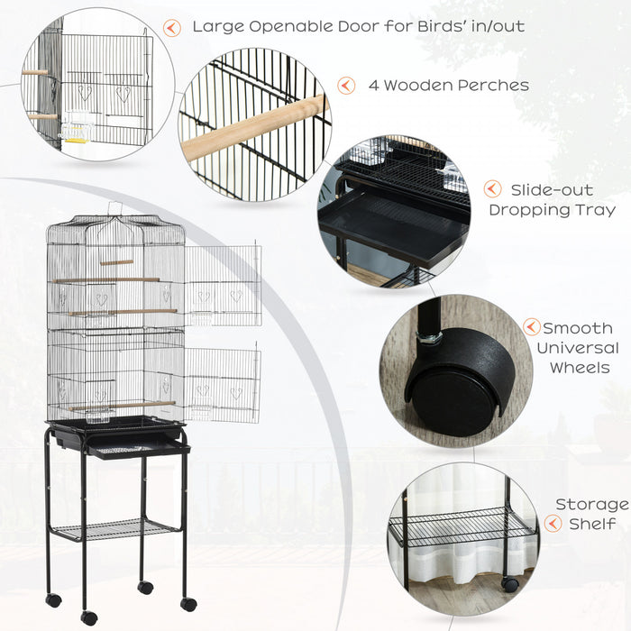 Pawhut Cage A Oiseaux Sur Roulettes Grande Voliere Detachable Cage Portable Multi-accessoires Avec Mangeoires Perchoirs Plateau Amovible Et Etagere Cage Pour Canaris Perruches Noir