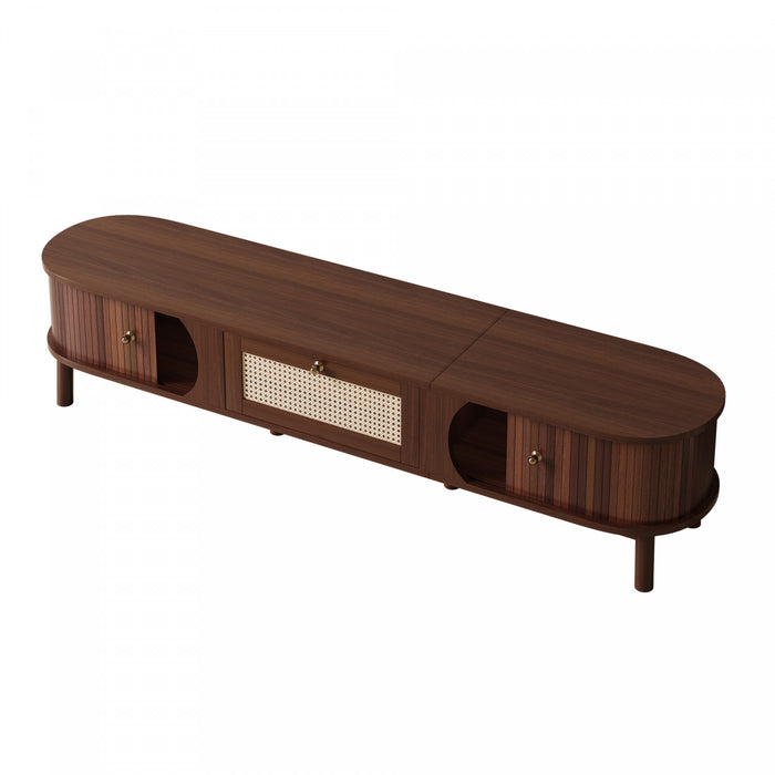 Rustic Meuble TV 67 po avec Portes Coulissantes en Rotin et Tiroirs, Bois