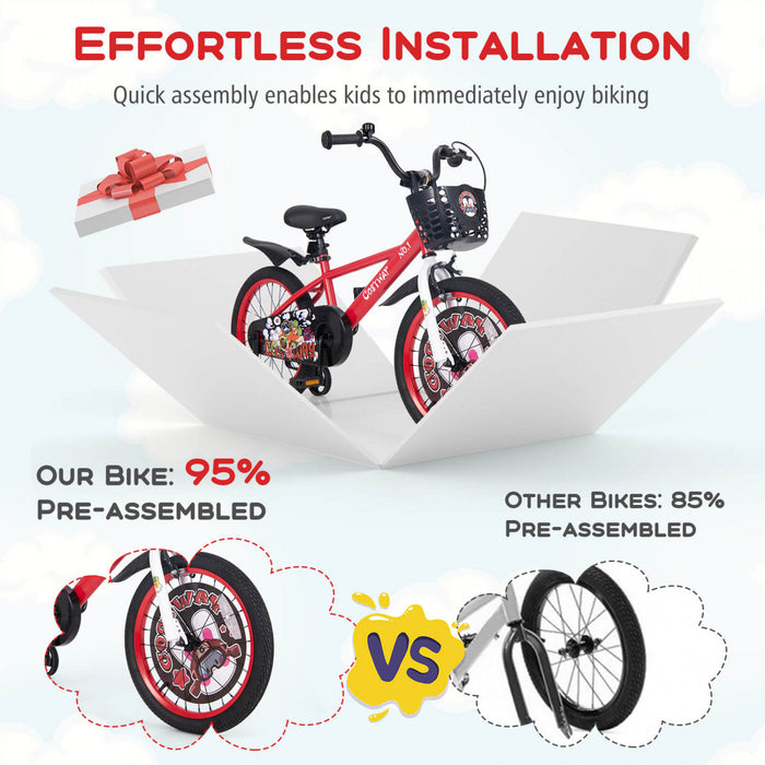 Costway 18\" Velo Pour Enfants Pour 4-8 Avec Guidon Reglable En Hauteur Et Frein A Main En Selle Rouge