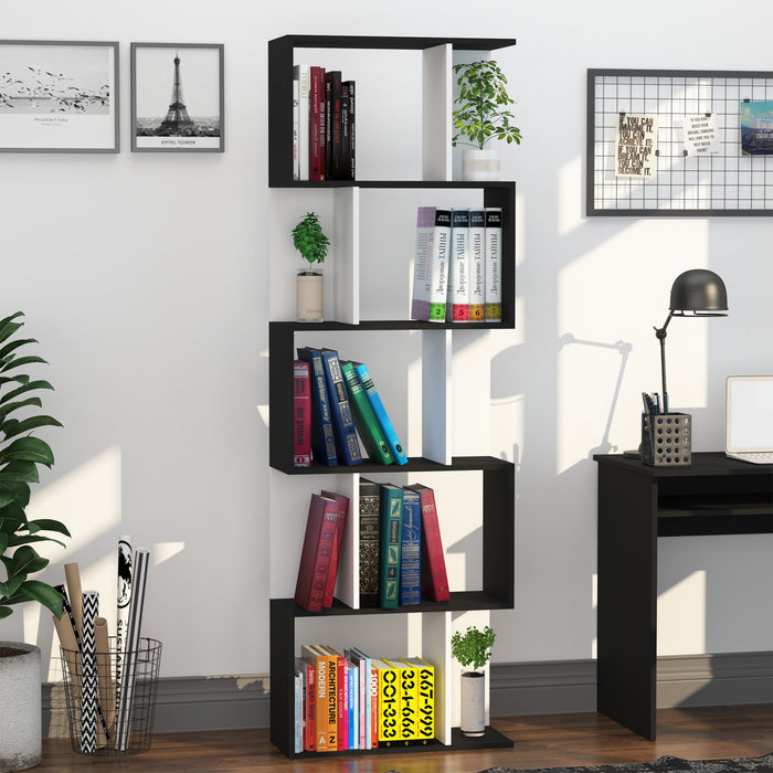 HOMCOM Bibliotheque Geometrique 5 Niveaux Forme S Noir Blanc