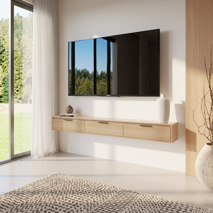 Meuble pour téléviseur mural mince Nordika de 72 po avec 3 armoires de rangement - chêne blond naturel