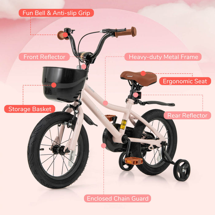 Costway 14\" Velo Pour Enfants Avec Roues D'entrainement Guidon Reglable Et Frein A Main De Siege Rose