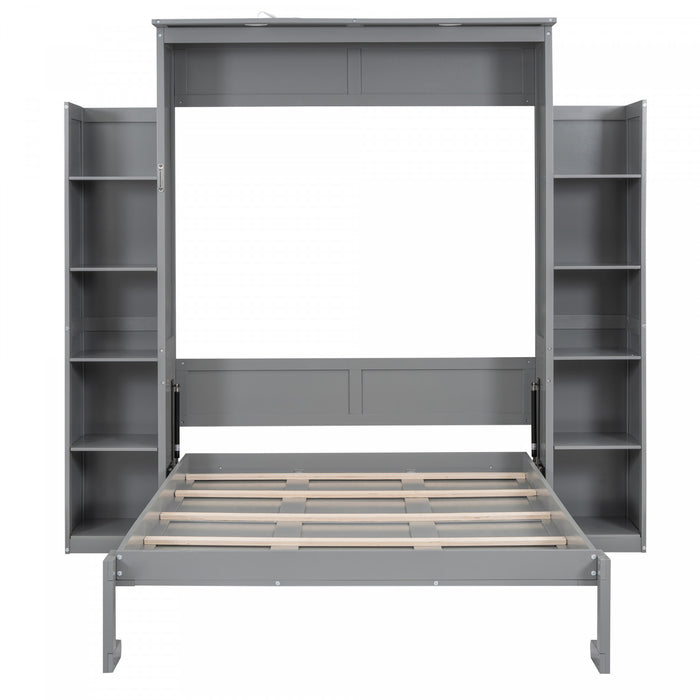 Aiden Lit escamotable Murphy avec etageres et eclairage LED, taille Full, gris