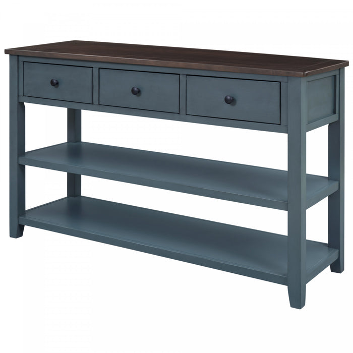 Console Wendy En Bois Massif Avec 3 Tiroirs Et 2 Etageres Ouvertes, Bleu Marine