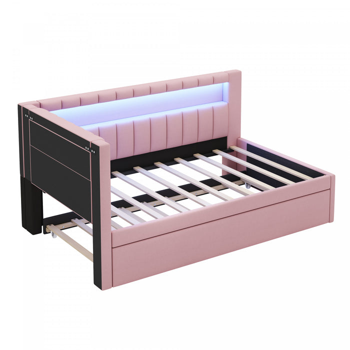 Lit plateforme Lily rembourre avec LED et ports USB, rose