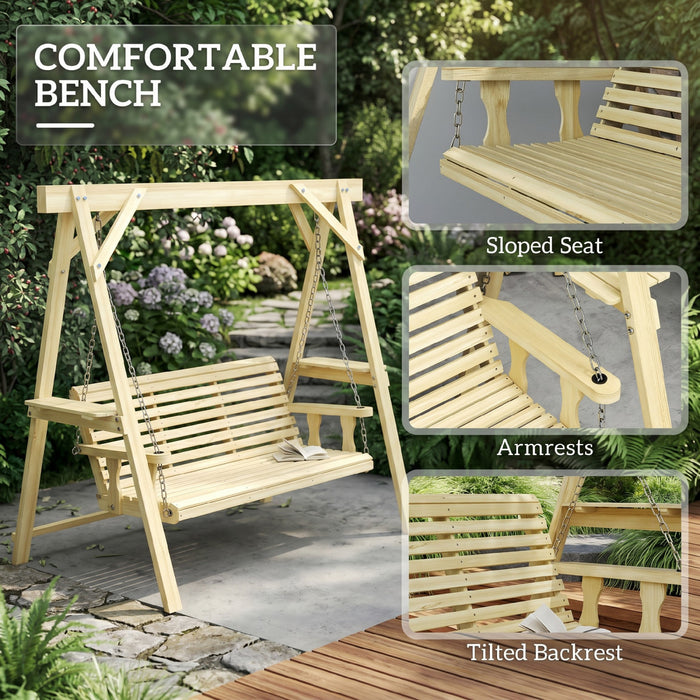 Outsunny Balancelle 3 Places avec Support et Tables Laterales, Bois Naturel