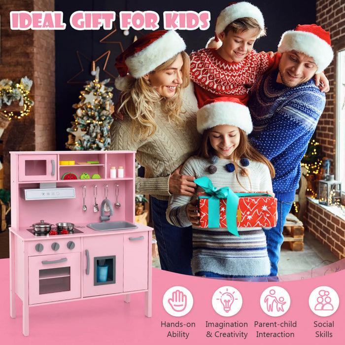Costway Kids Kitchen Playset En Bois Pretendre Jouer Chef Jouet Avec Micro-ondes Et Accessoires Rose