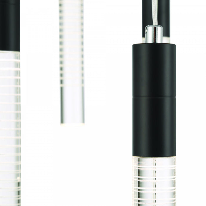 Lustre A 13 lampes A Del Integree Celine, Noir Avec Tiges En Verre Rayees Au Laser