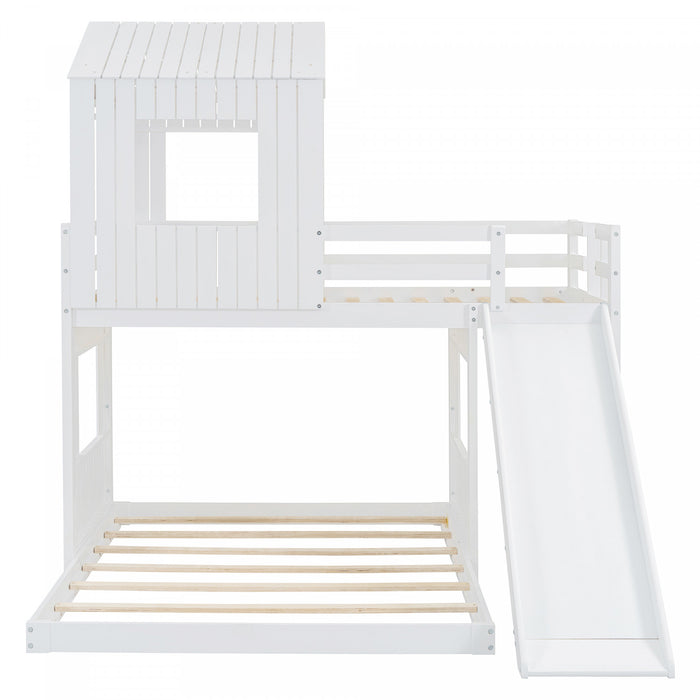 Lit Superpose Marico En Bois Massif, Taille Simple En Haut Et Double En Bas, Avec Toboggan, Design Maison De Jeu, Blanc