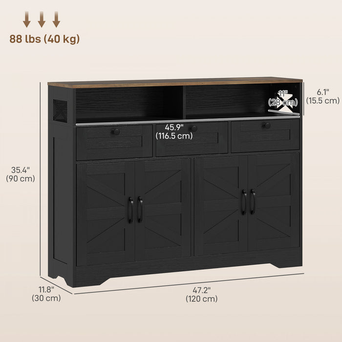 HOMCOM Buffet avec 4 portes de grange et 3 tiroirs, noir