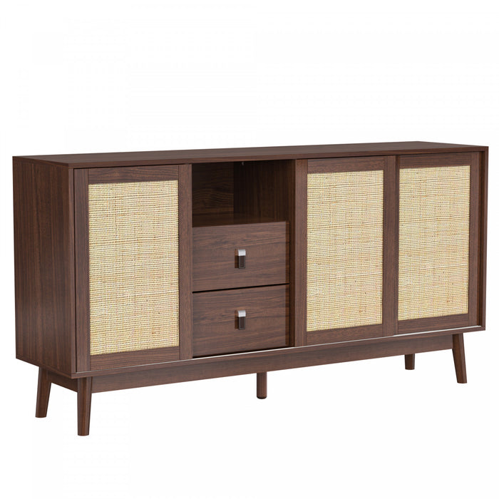 Oliver 61\" Buffet avec Portes Coulissantes en Rattan et Tiroirs, Marron Fonce