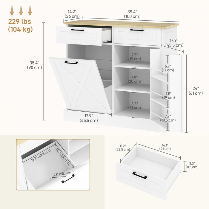 HOMCOM Poubelle inclinable, ilot de cuisine avec 2 tiroirs, blanc
