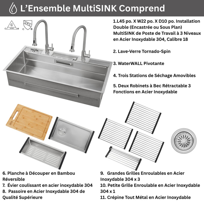 Evier poste de travail MultiSINK 45 po, double pose, 3 niveaux, robinets, rince-verre, inox - J-WP30