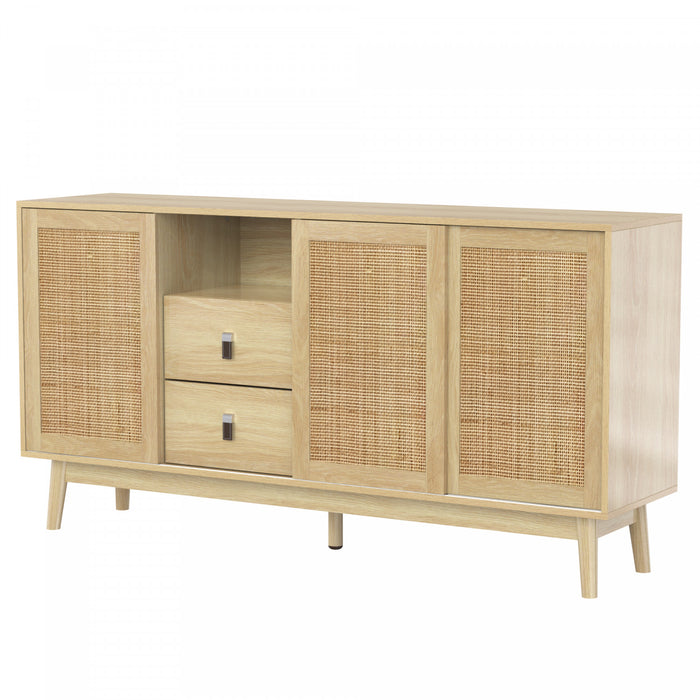Oliver 61\" Buffet avec Portes Coulissantes en Rattan et Tiroirs, Naturel
