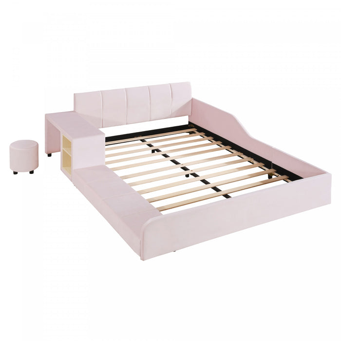 Lit Lily en velours rembourre avec bureau et tabouret, taille Full, rose