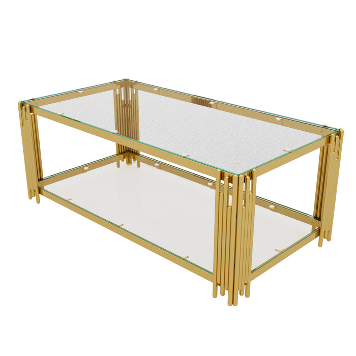 Aria Table Basse Rectangulaire Moderne 47.5 po avec Cadre Asymetrique Dore et Plateau Verre, Transparent