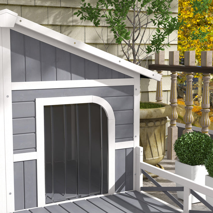 Pawhut 59\" X 64\" X 39\" Bois Grande Niche Pour Chien Style Cabine Elevee Abri Pour Animaux De Compagnie Avec Terrasse De Porche Gris