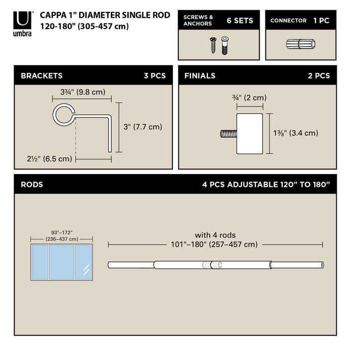  Tringle à rideaux extensible Cappa de Umbra nickel de 1 po - 120 po à 180 po