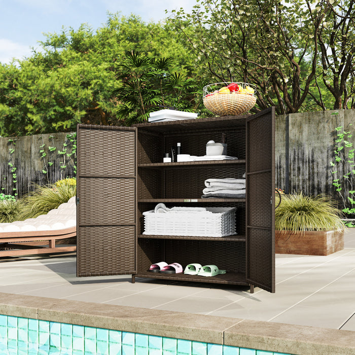 Outsunny Armoire de rangement exterieure en osier, 4 etageres avec 2 portes