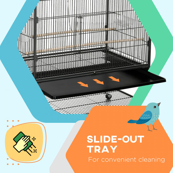 Pawhut Cage A Oiseaux 60\" Avec Support Pour Calopsittes Canaris Inseparables Pinsons, Cage A Perruches Avec Roues, Plateau Amovible, Etagere De Rangement