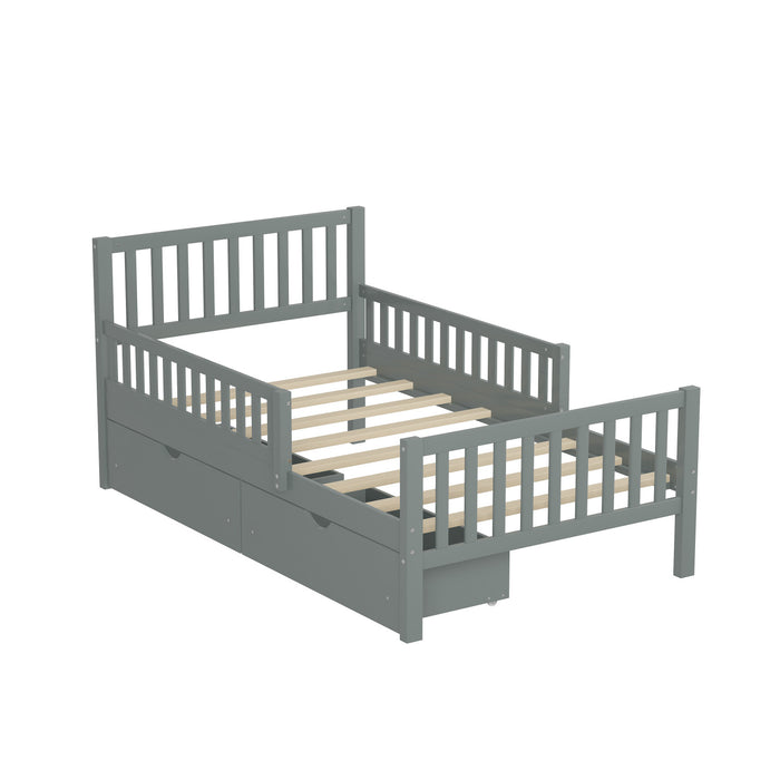 Emma – Lit Plateforme en Bois avec Barrieres de Protection et Tiroirs de Rangement, Format Simple - Gris